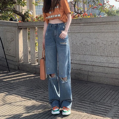 High-Waist Baggy Jeans: Straight Leg, Korean Fashion for Women