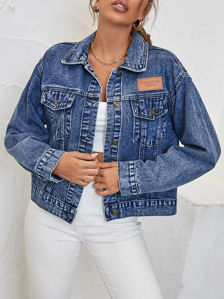 Casual Style Turn-Down Collar Denim Jacket For Women