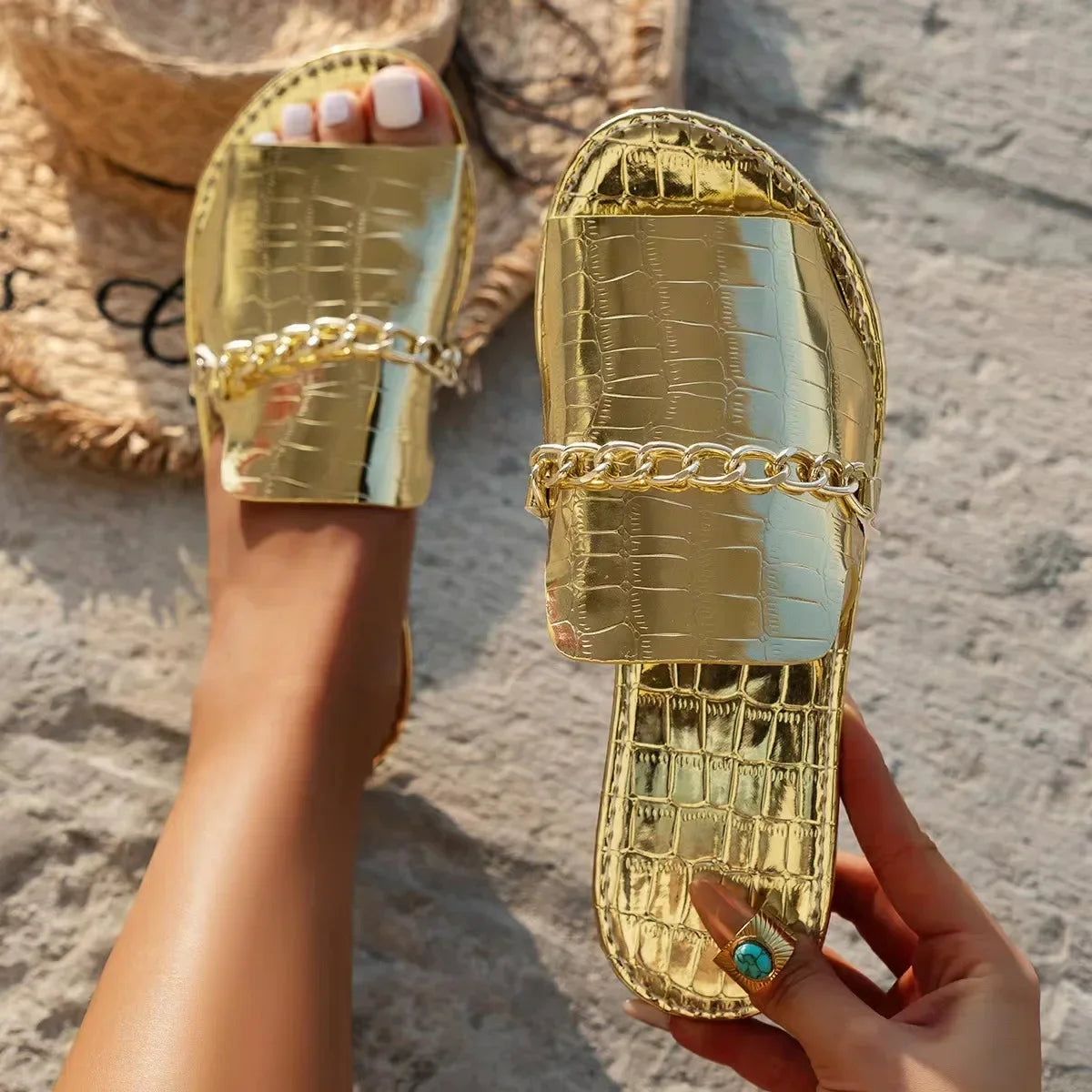 Gold Metal Chain Luxury Women Flat Slippers For Summer