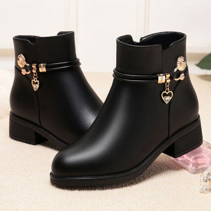 Women's Soft Leather Ankle Boots – Comfortable Rhinestone Winter Shoes with Cotton Lining