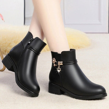 Women's Soft Leather Ankle Boots – Comfortable Rhinestone Winter Shoes with Cotton Lining