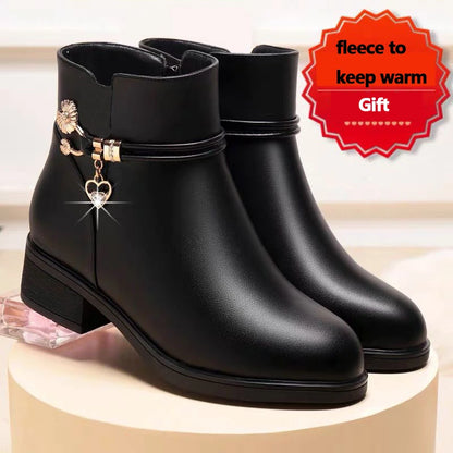 Women's Soft Leather Ankle Boots – Comfortable Rhinestone Winter Shoes with Cotton Lining