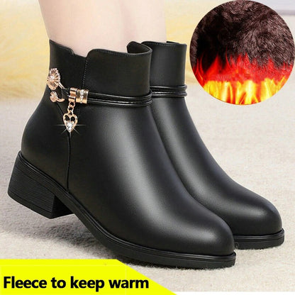 Women's Soft Leather Ankle Boots – Comfortable Rhinestone Winter Shoes with Cotton Lining