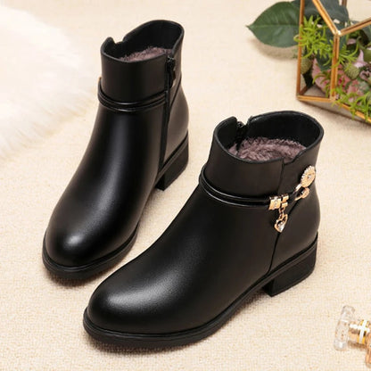 Women's Soft Leather Ankle Boots – Comfortable Rhinestone Winter Shoes with Cotton Lining