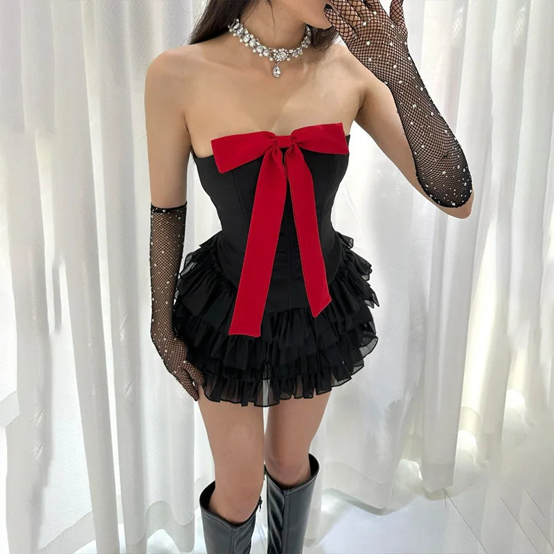 Sleeveless Strapless Ruffle Style Bow Tie Chest Sexy Mini Dress