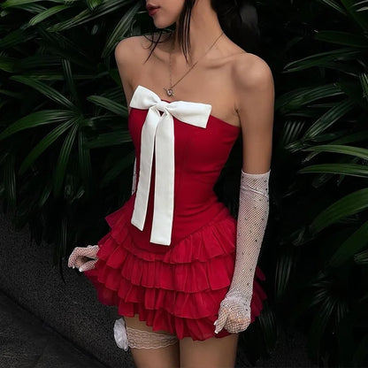 Sleeveless Strapless Ruffle Style Bow Tie Chest Sexy Mini Dress