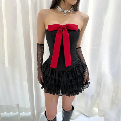 Sleeveless Strapless Ruffle Style Bow Tie Chest Sexy Mini Dress