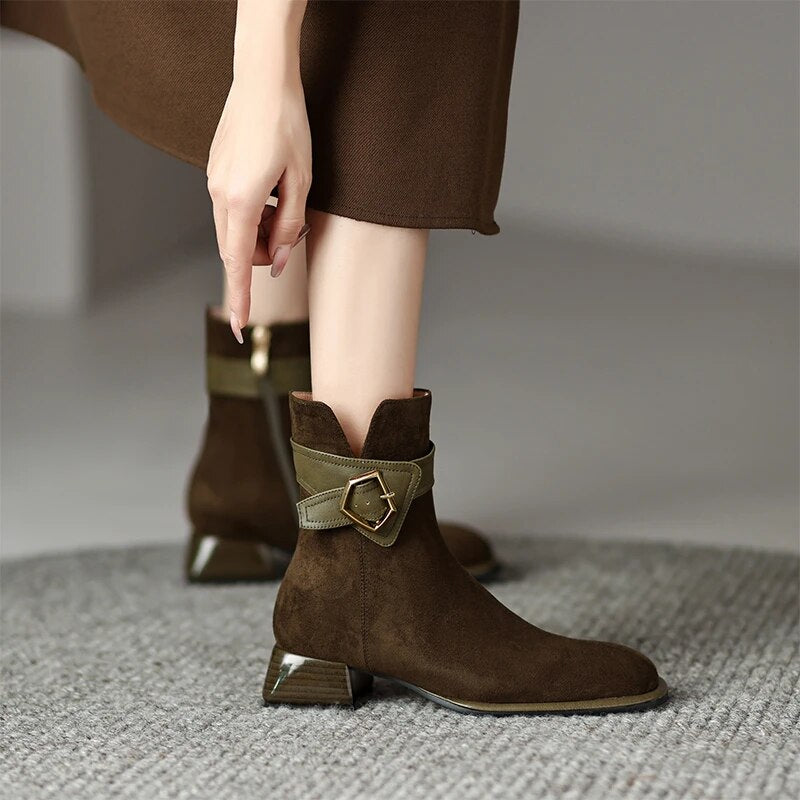 Designer British Style Square Low Heel Faux Suede Boots For Women