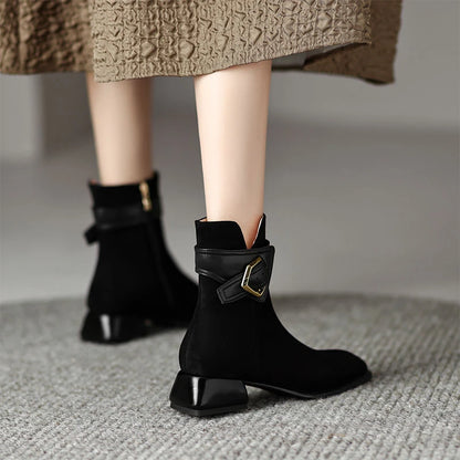 Designer British Style Square Low Heel Faux Suede Boots For Women