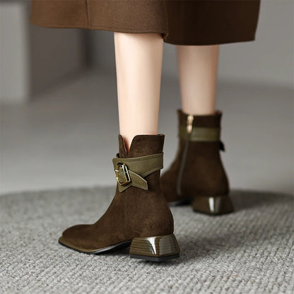 Designer British Style Square Low Heel Faux Suede Boots For Women