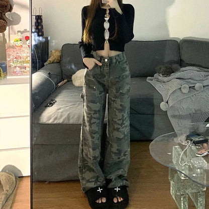 Casual High Waist Straight Leg Camouflage Pants For Women