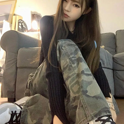 Casual High Waist Straight Leg Camouflage Pants For Women