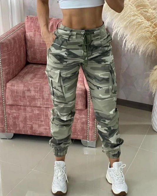 New Drawstring Closure Multi Pocket Camouflage Summer Pants For Women