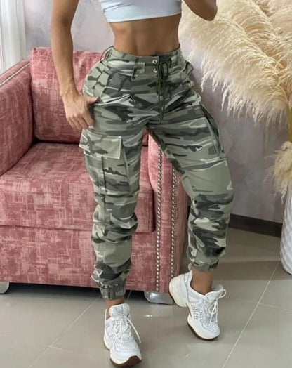 New Drawstring Closure Multi Pocket Camouflage Summer Pants For Women