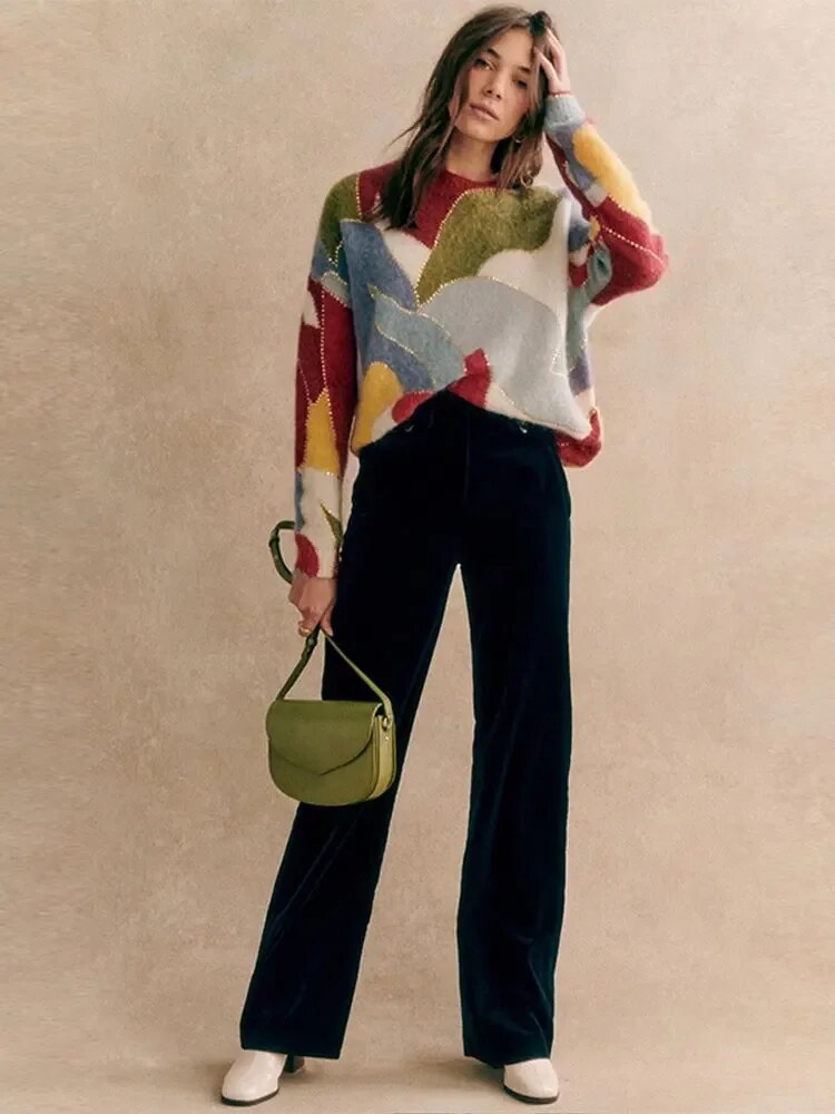 Colorful Patchwork O-neck Long Sleeve Women Sweater