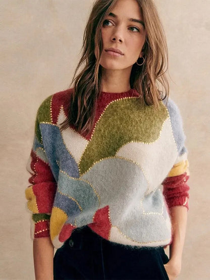 Colorful Patchwork O-neck Long Sleeve Women Sweater