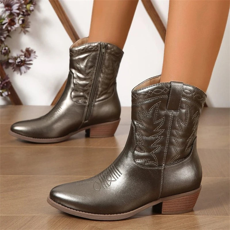 Luxury Silver Design Mid Heel Winter Women Boots