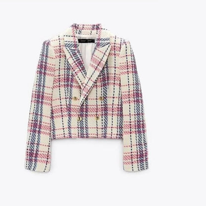 Women Double Breasted Chic Plaid Coats