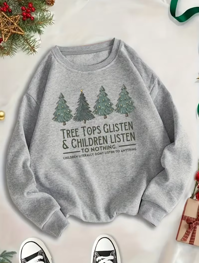 Women's Christmas Tree Sweatshirt – 'Tree Tops Glisten' Fleece Hooded Casual Hoodie, Autumn Loose Fit