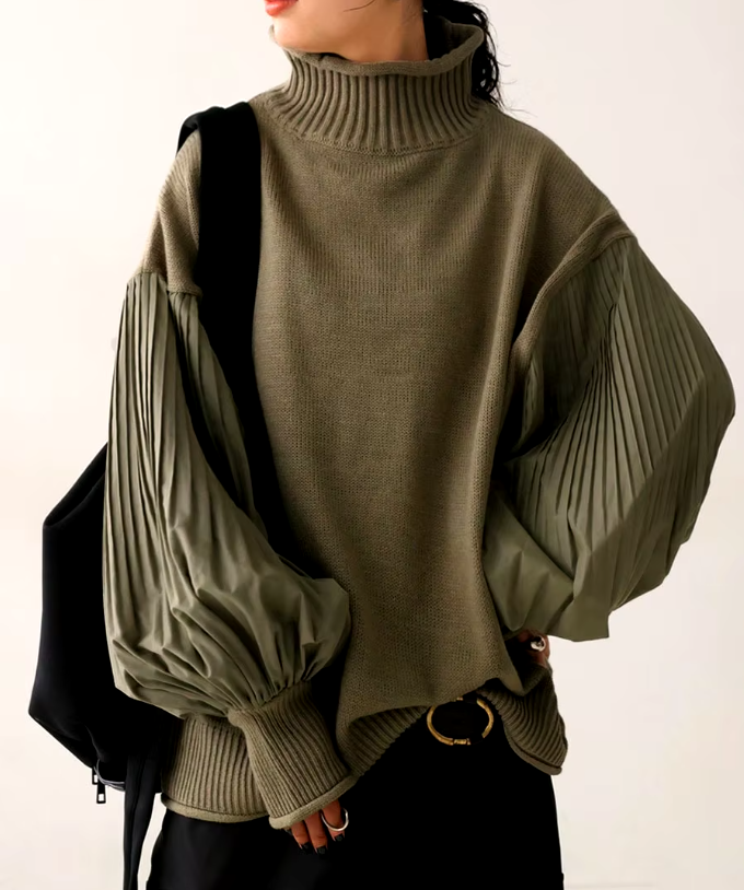 Pleated Turtleneck Lantern Sleeve Spliced Knit Sweaters