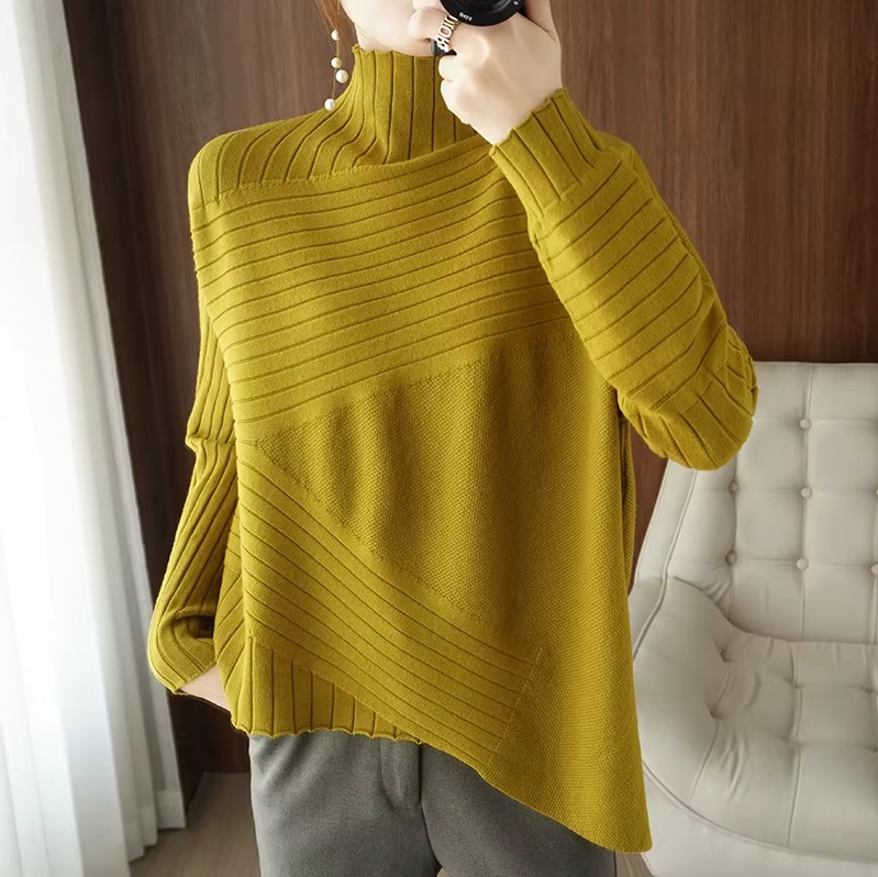 2025 New Women’s Autumn/Winter Knitted Sweater – Korean Fashion Half Turtleneck Irregular Knit Pullover Jumper Top