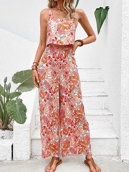 Elegant Floral Print Backless Casual Jumpsuits