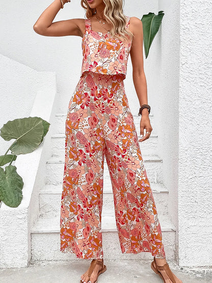 Elegant Floral Print Backless Casual Jumpsuits