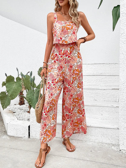 Elegant Floral Print Backless Casual Jumpsuits