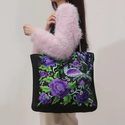 Ethnic Flower Embroidered Canvas Bags