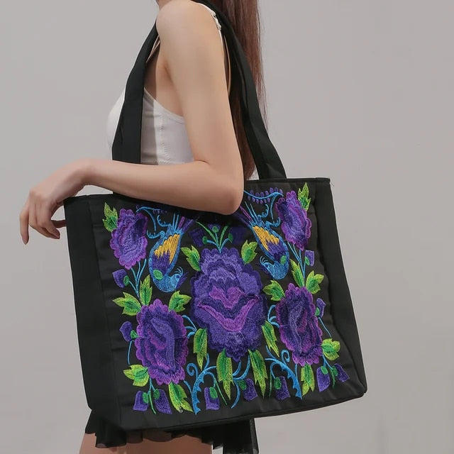 Ethnic Flower Embroidered Canvas Bags