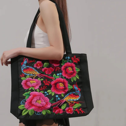 Ethnic Flower Embroidered Canvas Bags