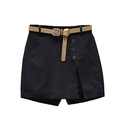 Button Decor Side Split Above Knee Length Fake Two Piece Women Skirt Shorts