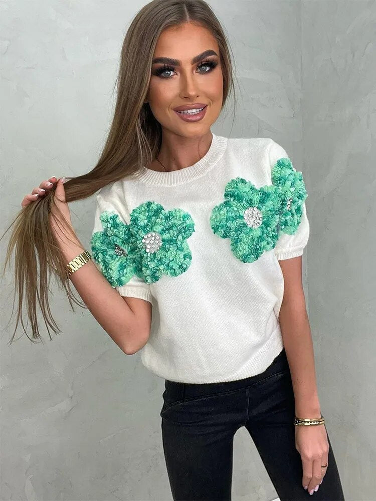 Flower Knitted Half Sleeve O-Neck Sweaters