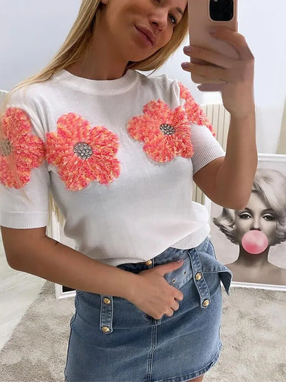 Flower Knitted Half Sleeve O-Neck Sweaters