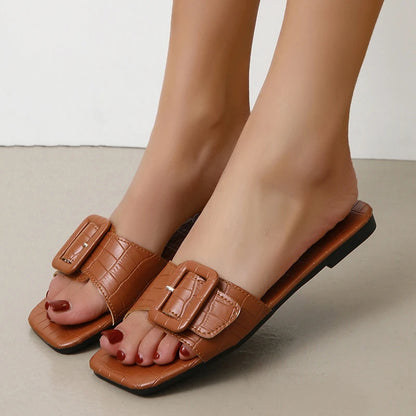 Big Buckle PU Leather Flat Women Slippers