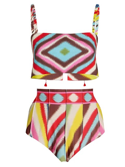Multi Colorblocks Beach Wear Fashion Bikini Set, Cover-Up and Skirt