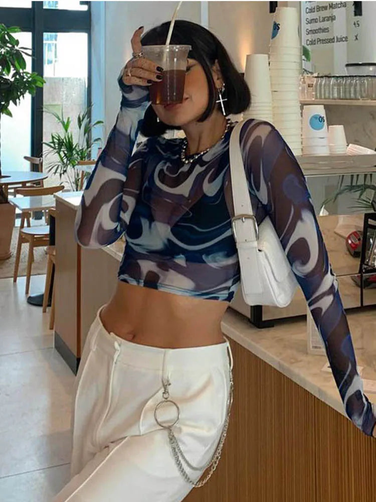 Chaotic Print Sheer Mesh Round Neck Crop Tops