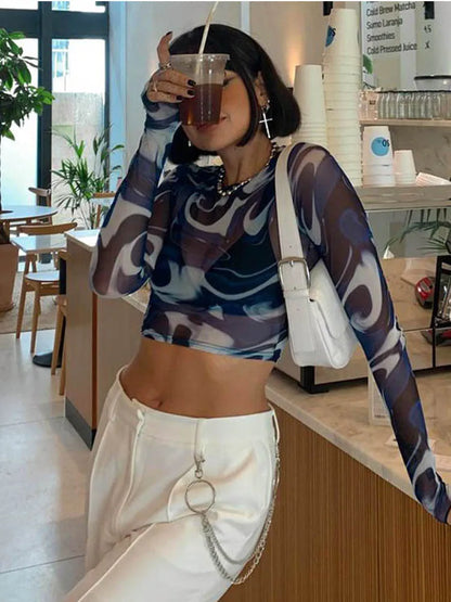 Chaotic Print Sheer Mesh Round Neck Crop Top