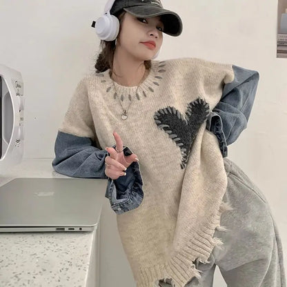 Women's Knitted Denim Patchwork Pullover – Loose Casual Heart Sweater, Vintage Streetwear, Cozy Spring Autumn Fashion