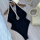 Floral Belted Black One Piece Bikini For Women