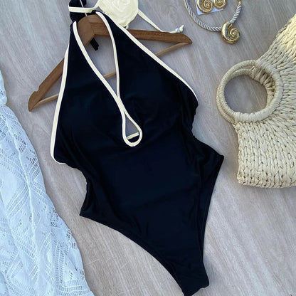 Floral Belted Black One Piece Bikini For Women