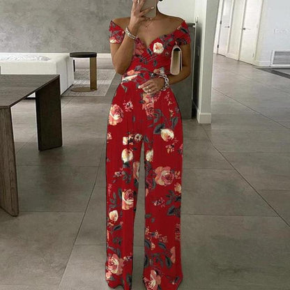 Women’s Fashion Print Jumpsuit – Off-Shoulder V-Neck, Wide Leg Pants, Summer Office Clothing