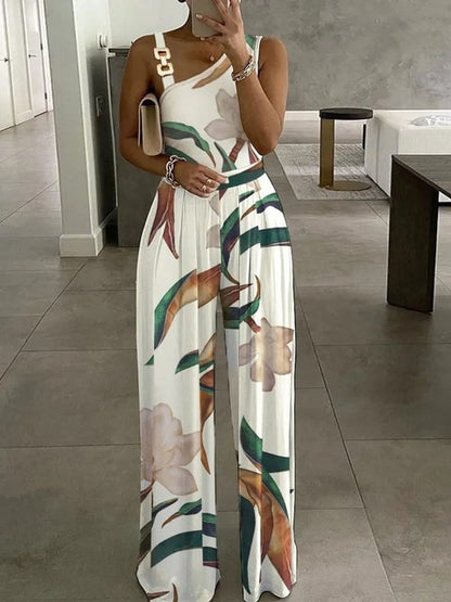 Women’s Fashion Print Jumpsuit – Off-Shoulder V-Neck, Wide Leg Pants, Summer Office Clothing