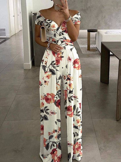 Women’s Fashion Print Jumpsuit – Off-Shoulder V-Neck, Wide Leg Pants, Summer Office Clothing