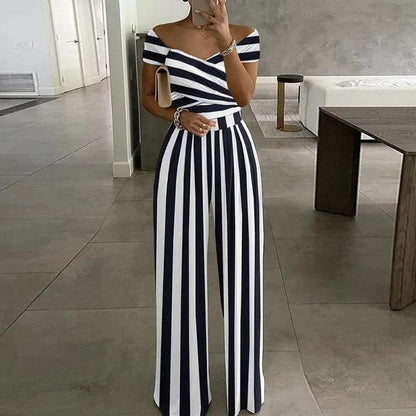 Women’s Fashion Print Jumpsuit – Off-Shoulder V-Neck, Wide Leg Pants, Summer Office Clothing