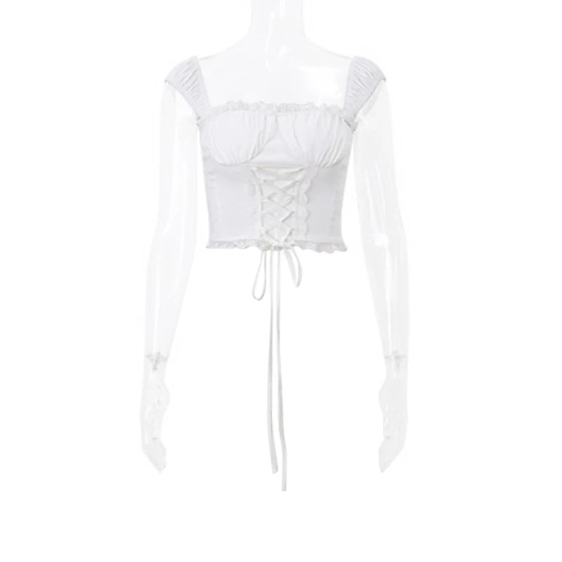 Y2K Tie-Up Square Neck Sleeveless Crop Top – Lace Trim Milkmaid Shirt, Cute Coquette Summer Fashion