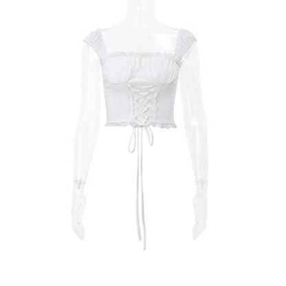 Y2K Tie-Up Square Neck Sleeveless Crop Top – Lace Trim Milkmaid Shirt, Cute Coquette Summer Fashion