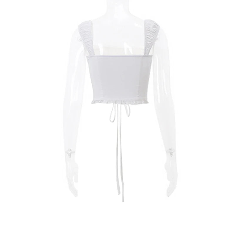 Y2K Tie-Up Square Neck Sleeveless Crop Top – Lace Trim Milkmaid Shirt, Cute Coquette Summer Fashion