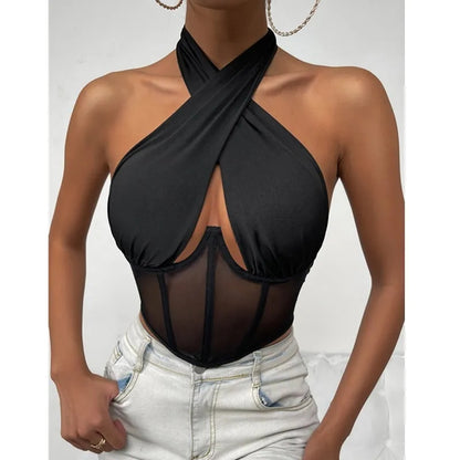 Sexy Cross Halter Corset Bustier: Backless Mesh Tank Top for Women