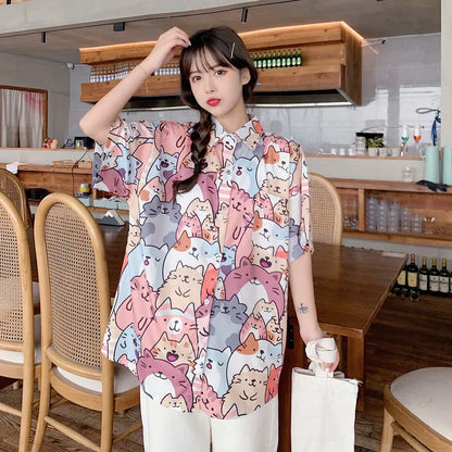 Summer Cat Print Shirt: Kawaii Korean-Style Casual Fashion